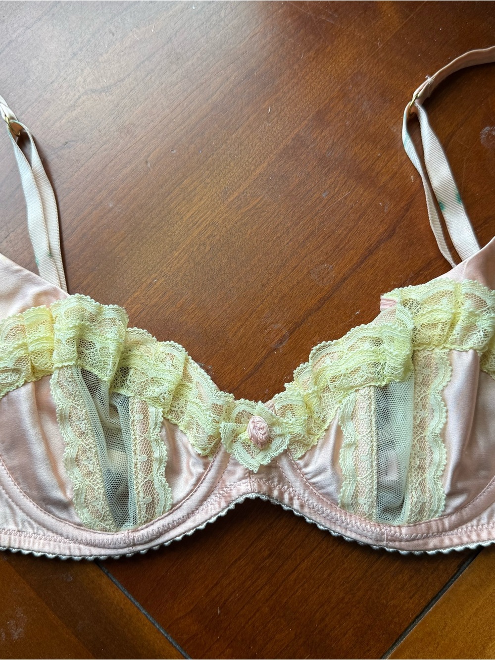 Agent Provocateur Pale Pink Satin Balconette Bra with Yellow Lace